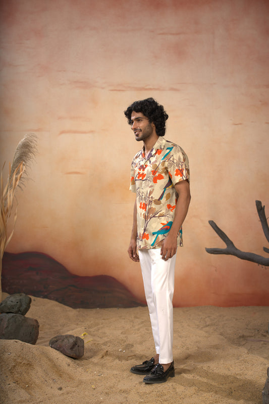 Beige Cotton Satin Serenity bird themed print cotton Shirt