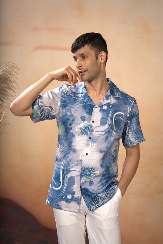 Blue Cotton Satin Marble Print Shirt