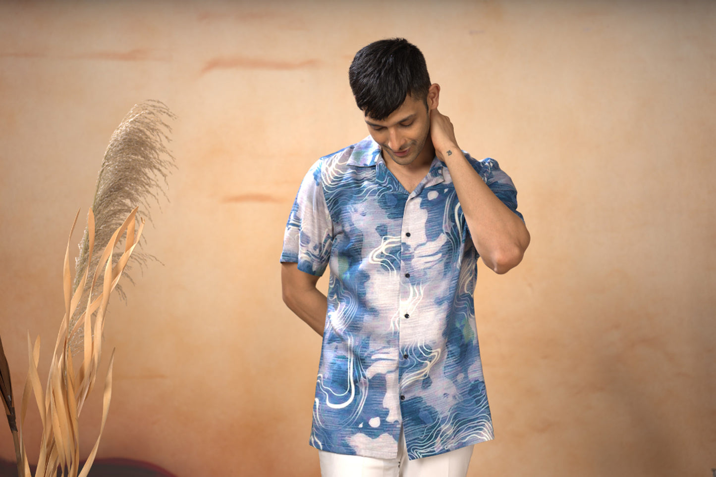 Blue Cotton Satin Marble Print Shirt