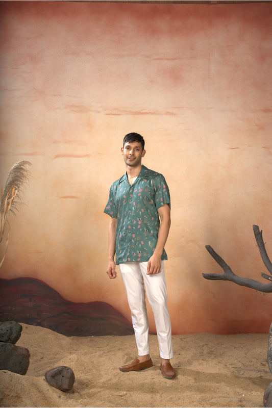 Green Cotton Satin Oceanic Mirage Shirt