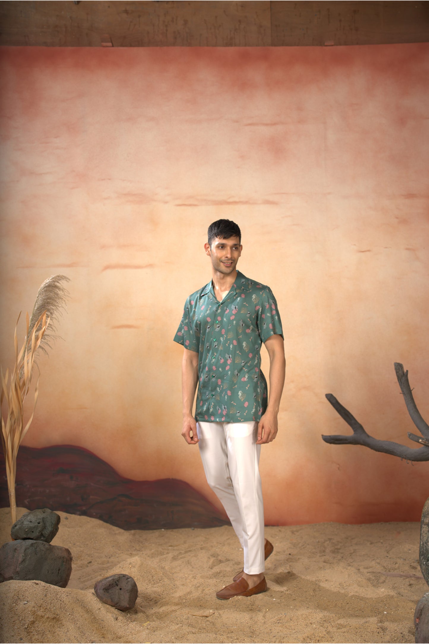 Green Cotton Satin Oceanic Mirage Shirt