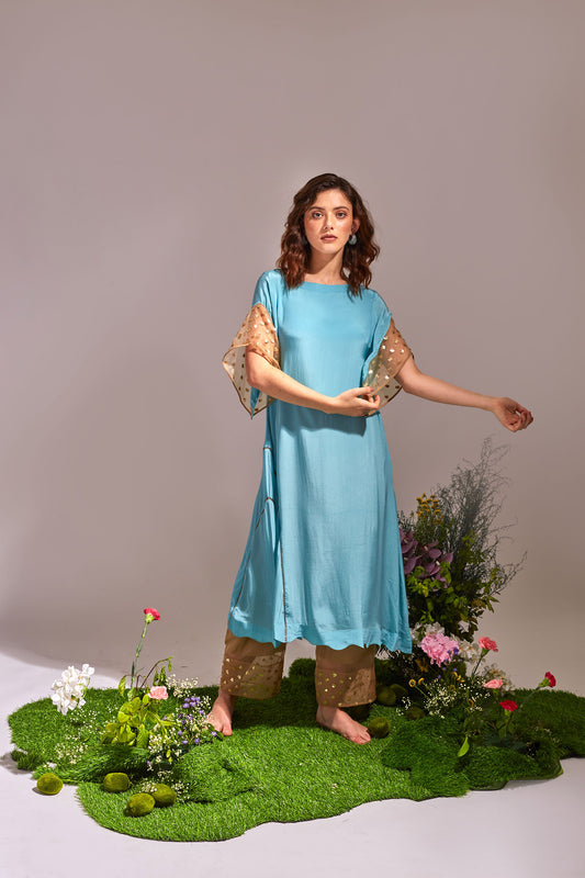 GRACE Cyan Blue and Beige Dress