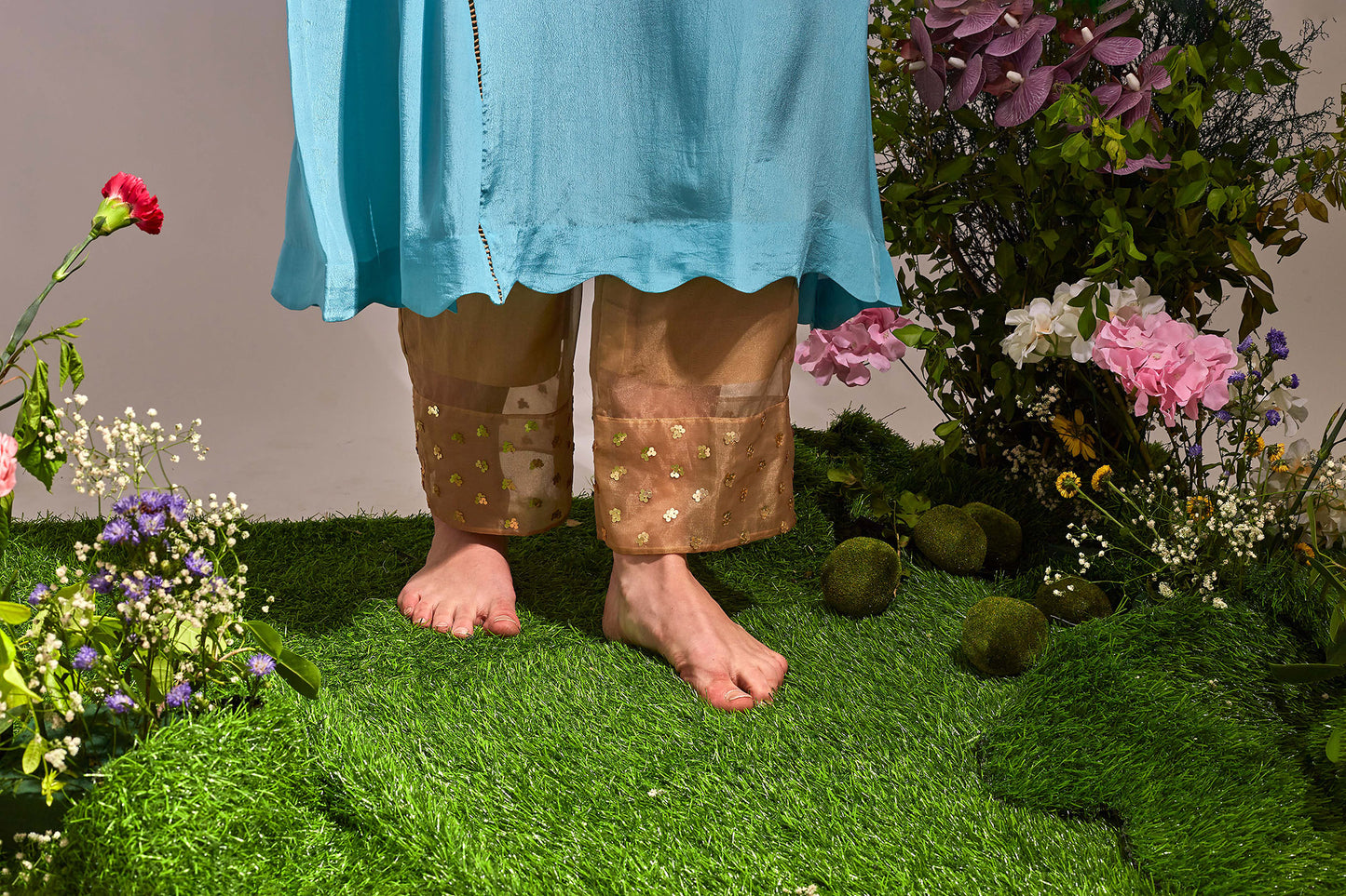 GRACE Cyan Blue and Beige Dress