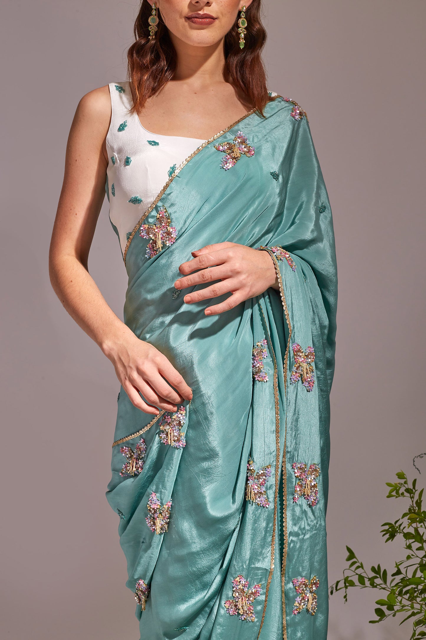 FLORALE Light Sea Green , White Saree