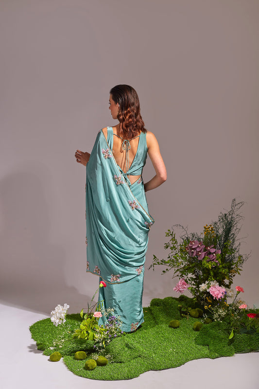FLORALE Light Sea Green , White Saree