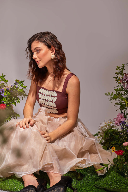 AMOUR Plum, Beige and White crop top skirt