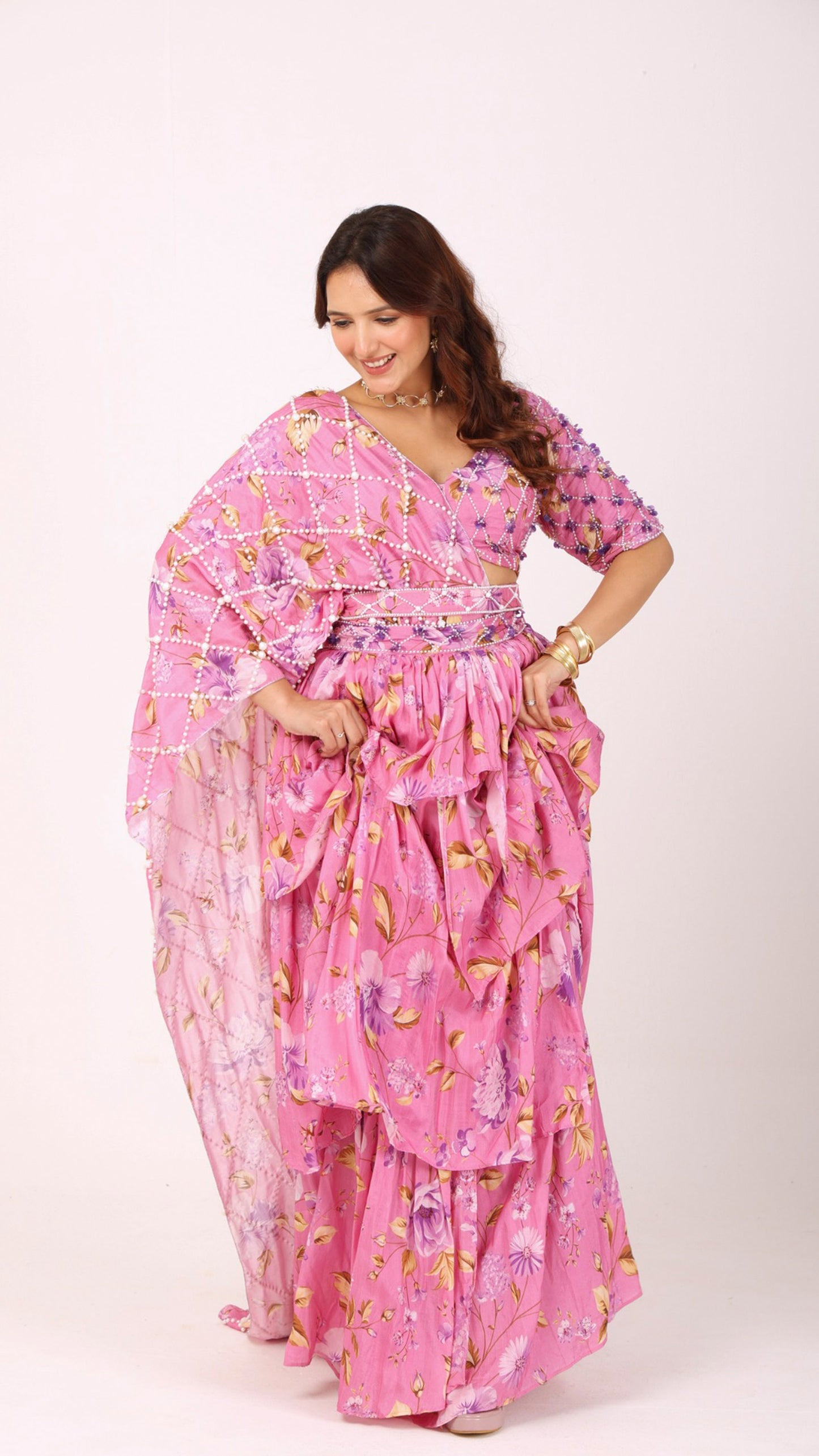 Persian Pink Pre-drape ruffle saree with hand-embroidered blouse and belt