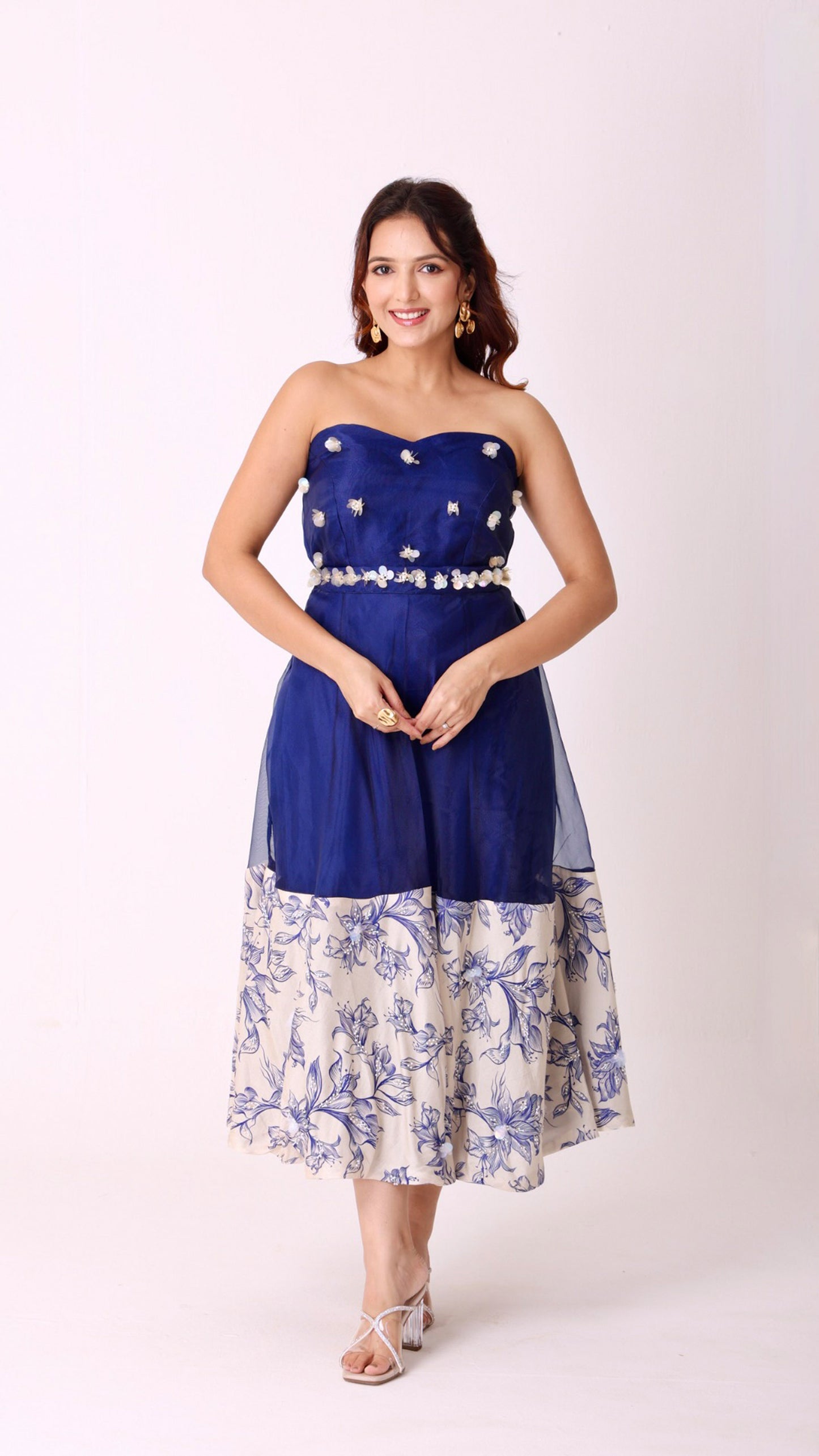 Strapless navy & ivory floral midi dress adorned with hand embroidery & belt