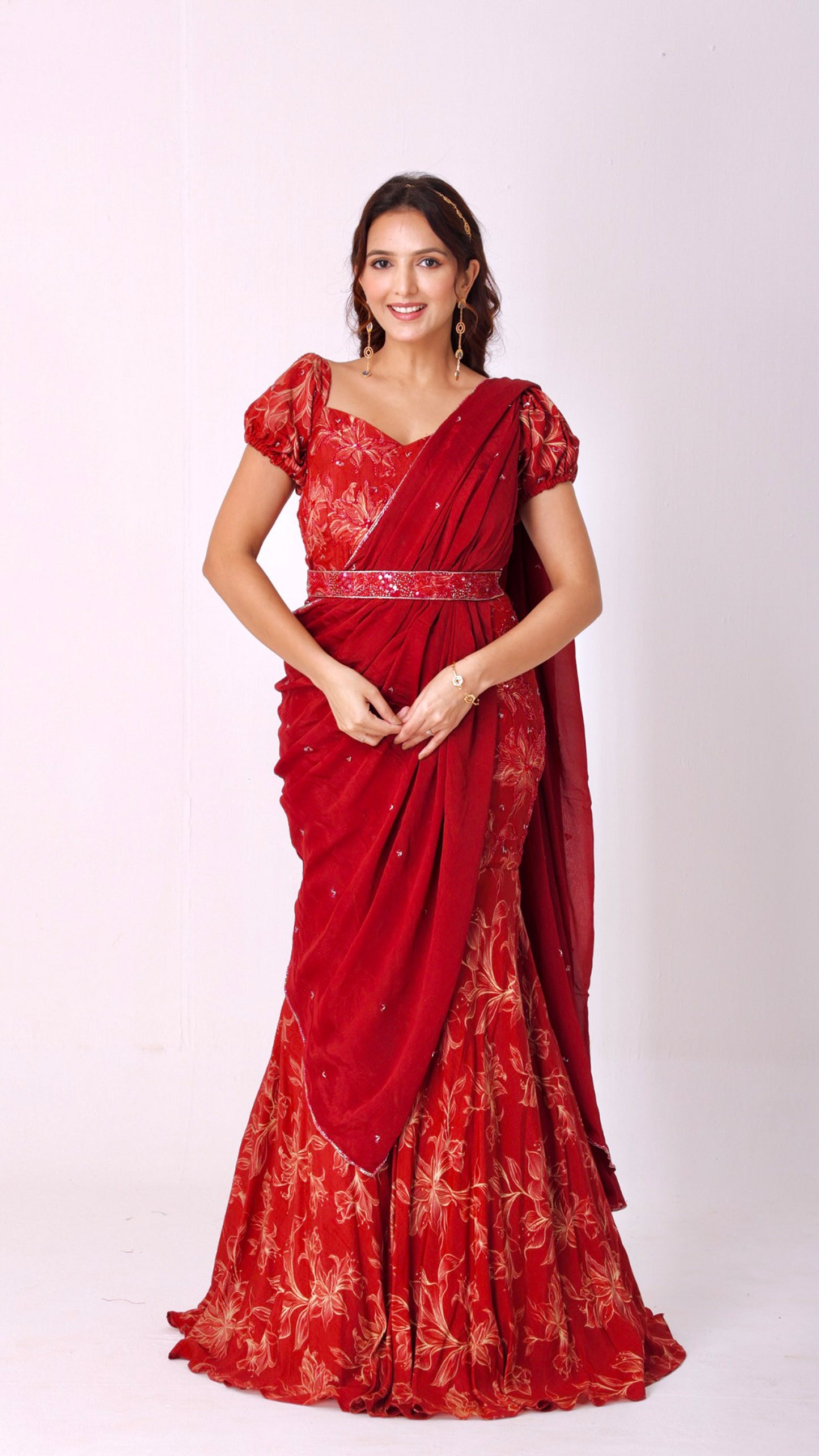 Maroon floral hand-embroidered fish-cut saree gown with puff sleeves and belt