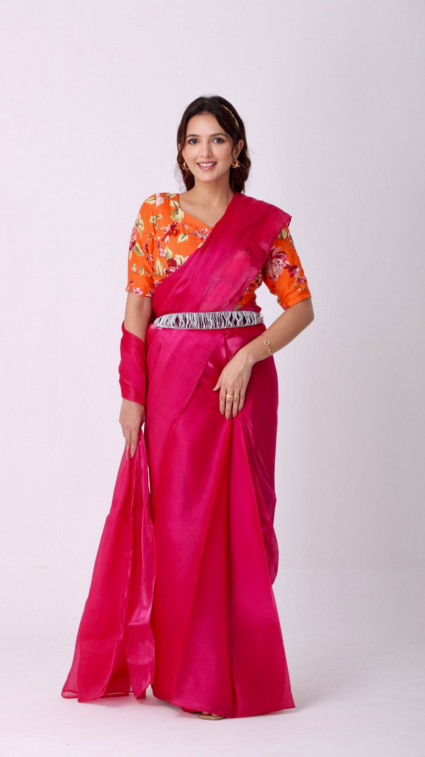 Fuchsia radiance saree with printed hand-embroidered blouse and belt