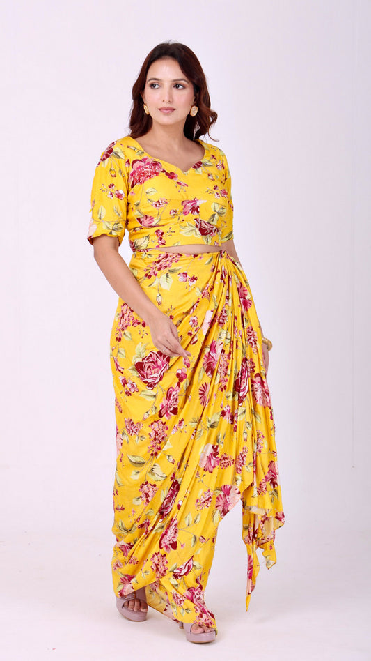 Sunflower yellow hand-embroidered floral drape skirt with a matching choli