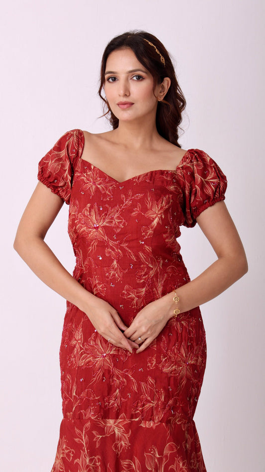 Maroon hand-embroidered fish-cut gown with puff sleeves