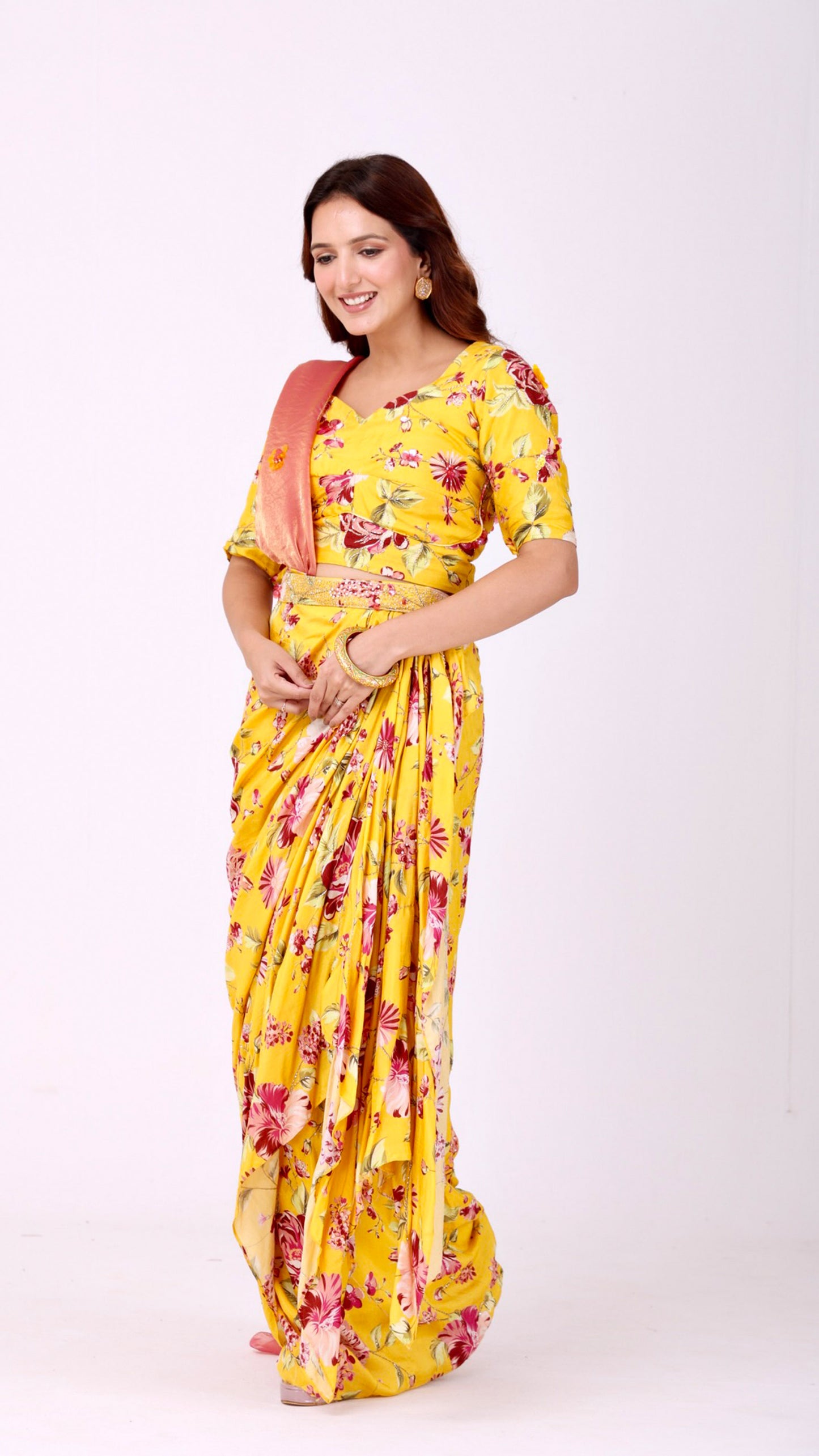 Sunflower Yellow, Peach Pink Floral printed pre-draped saree with matching blouse and contrasting pallu