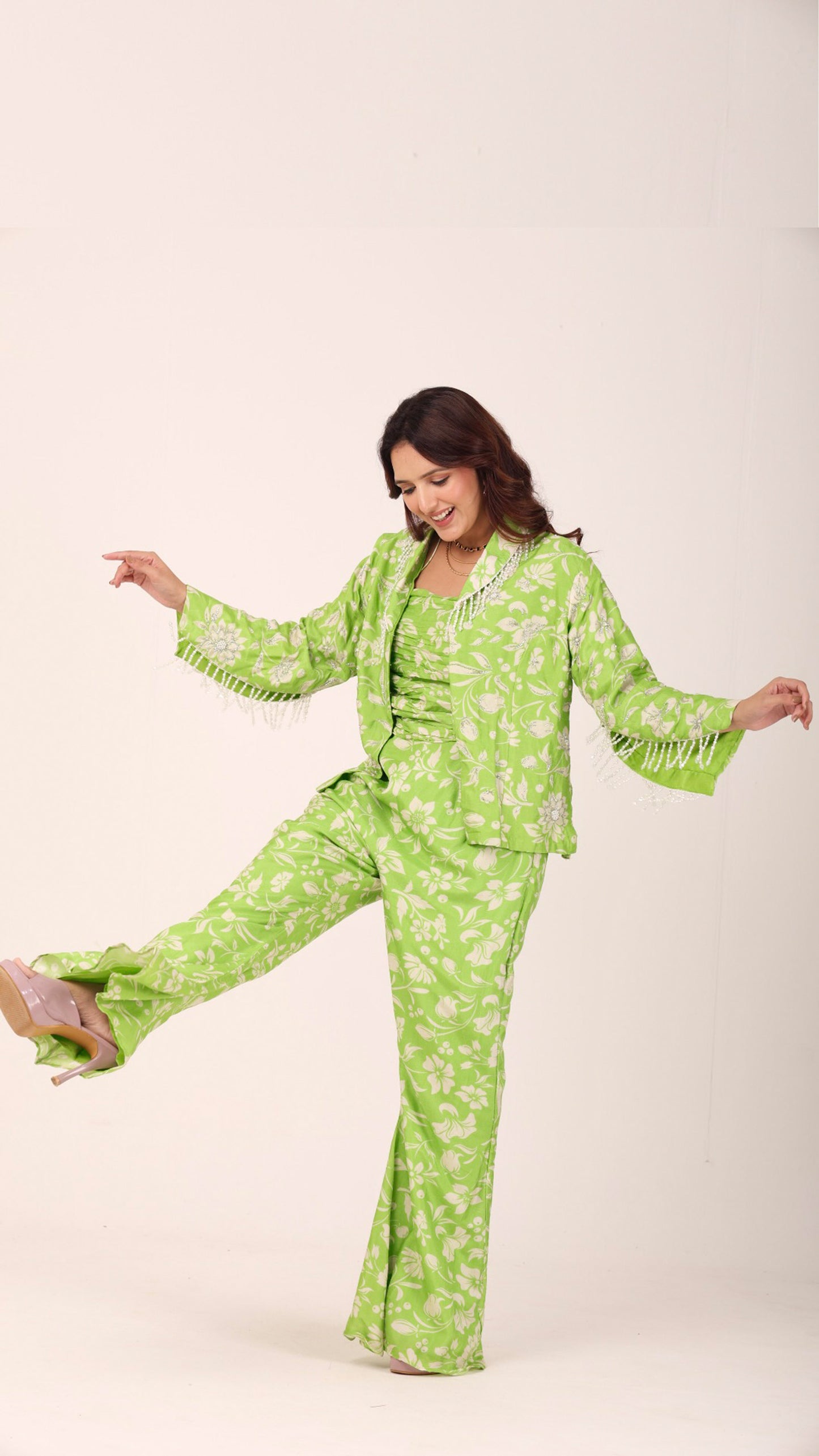 Green floral co-ord set with delicate hand embroidery