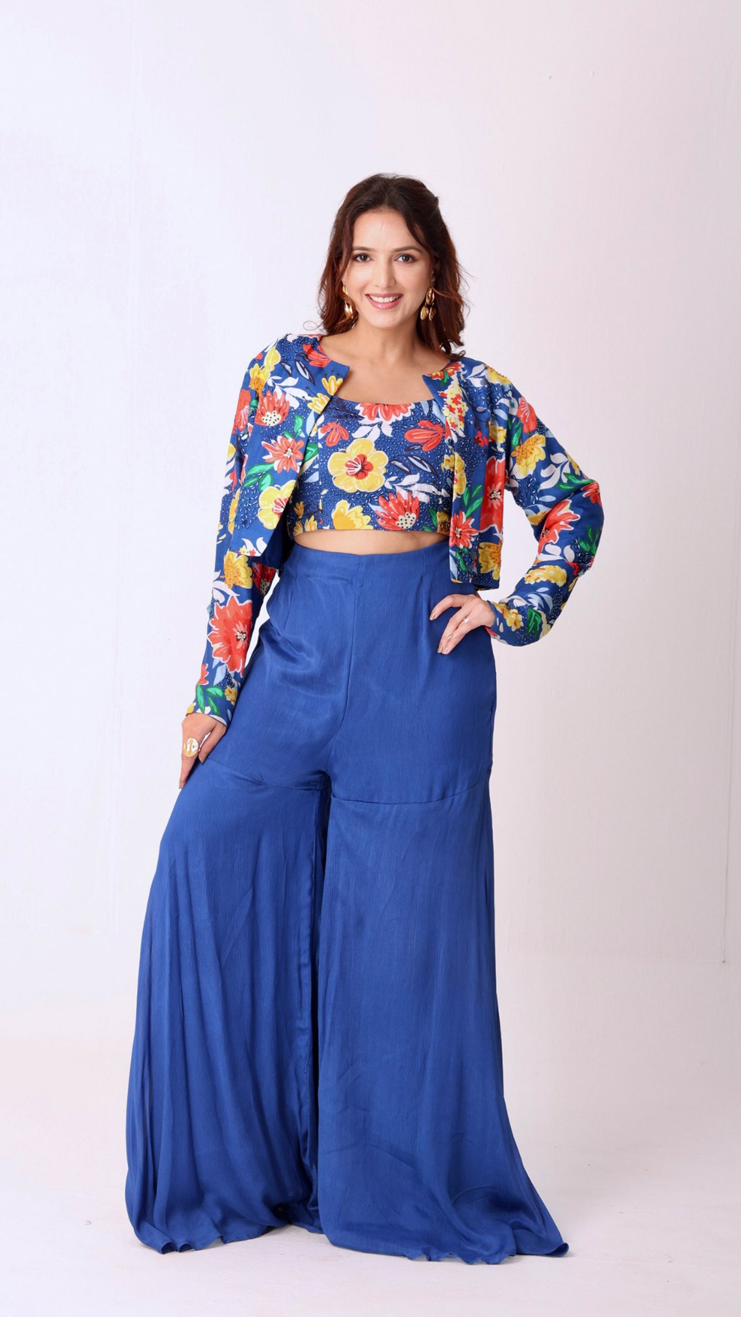 Deja Vu Blue Vibrant floral crop top & matching jacket with flowy flare blue sharara pants