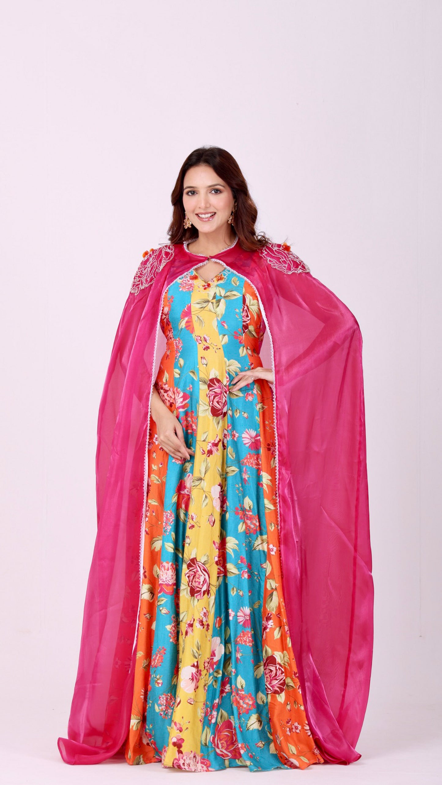 Orangeade Floral hand-embroidered multicolour anarkali paired with a vibrant organza cape