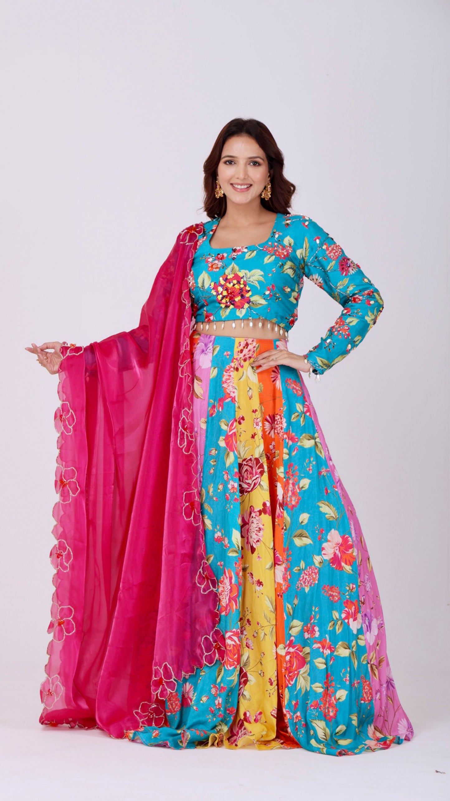 Orangeade Vibrant multi-colour floral kali lehenga with embroidered blouse & dupatta