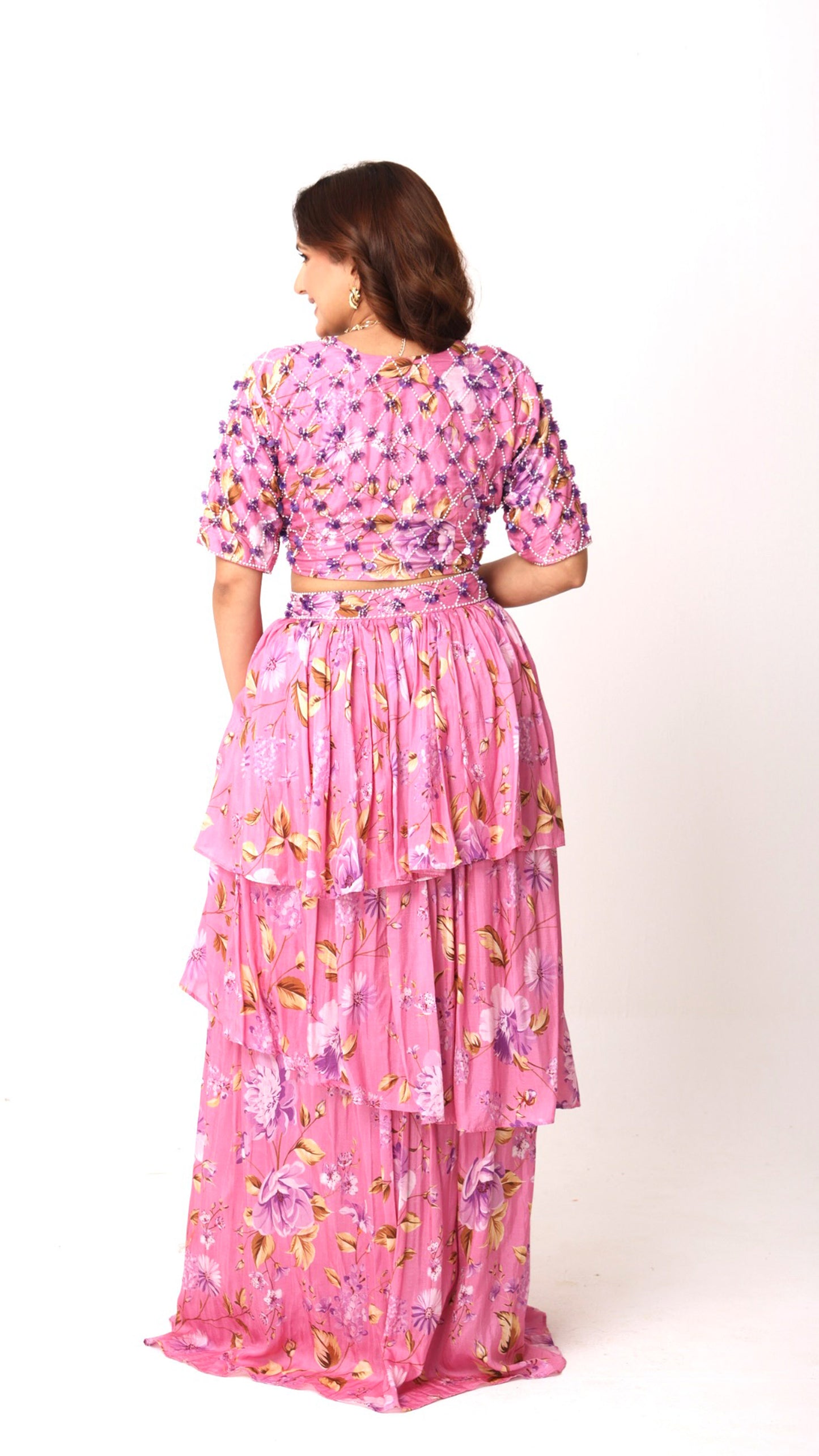 Floral printed persian pink layered skirt set with embellished blouse & dupatta