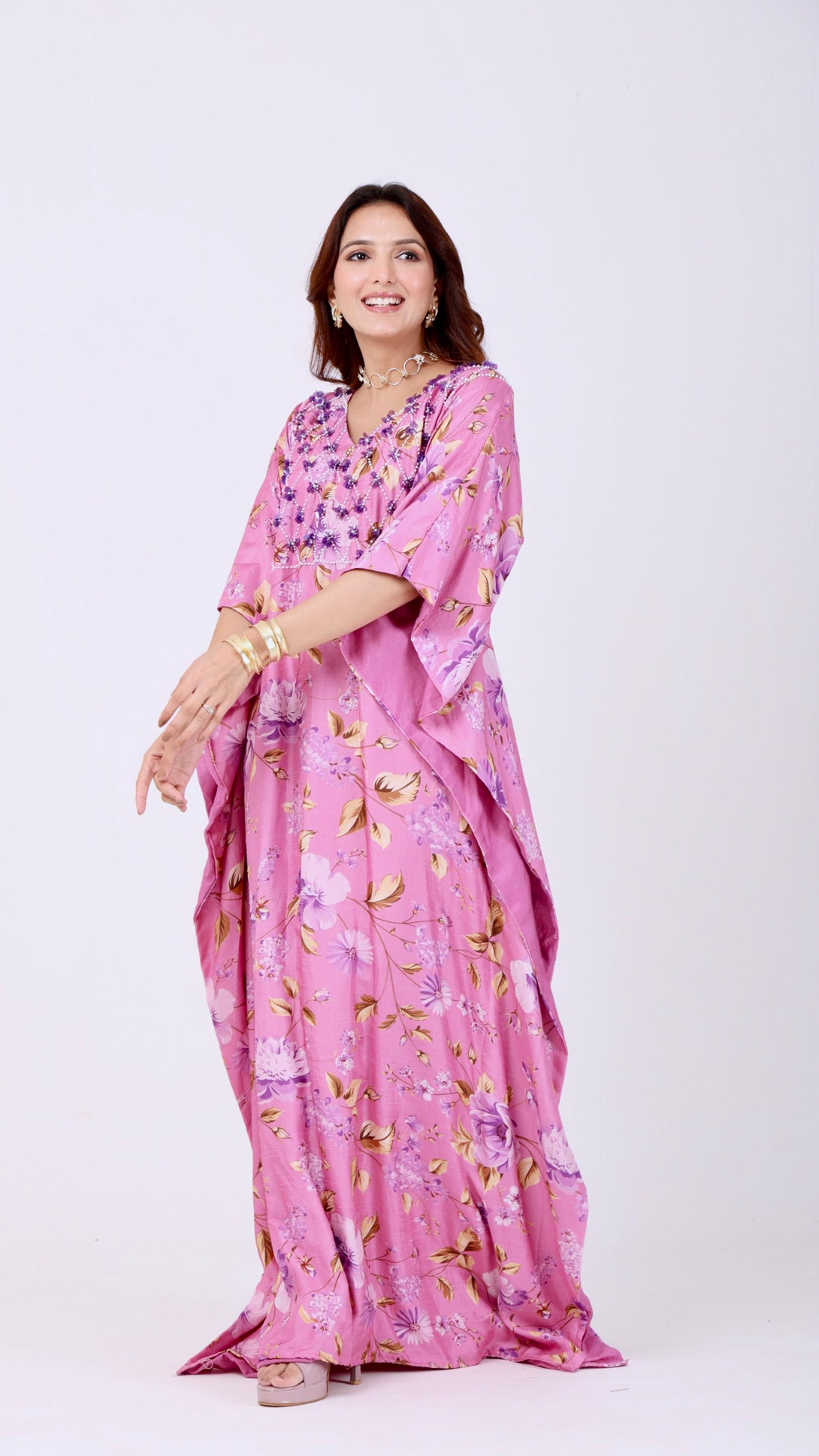 Persian Pink Floral kaftan dress with hand-embroidery on the yoke