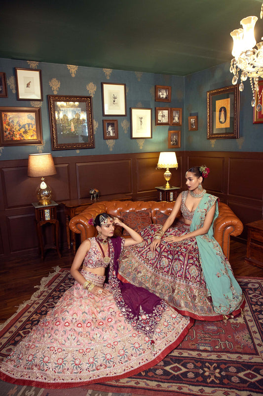 House of Supriya Pink Brocade Silk Hand Embroidered Bridal Lehenga