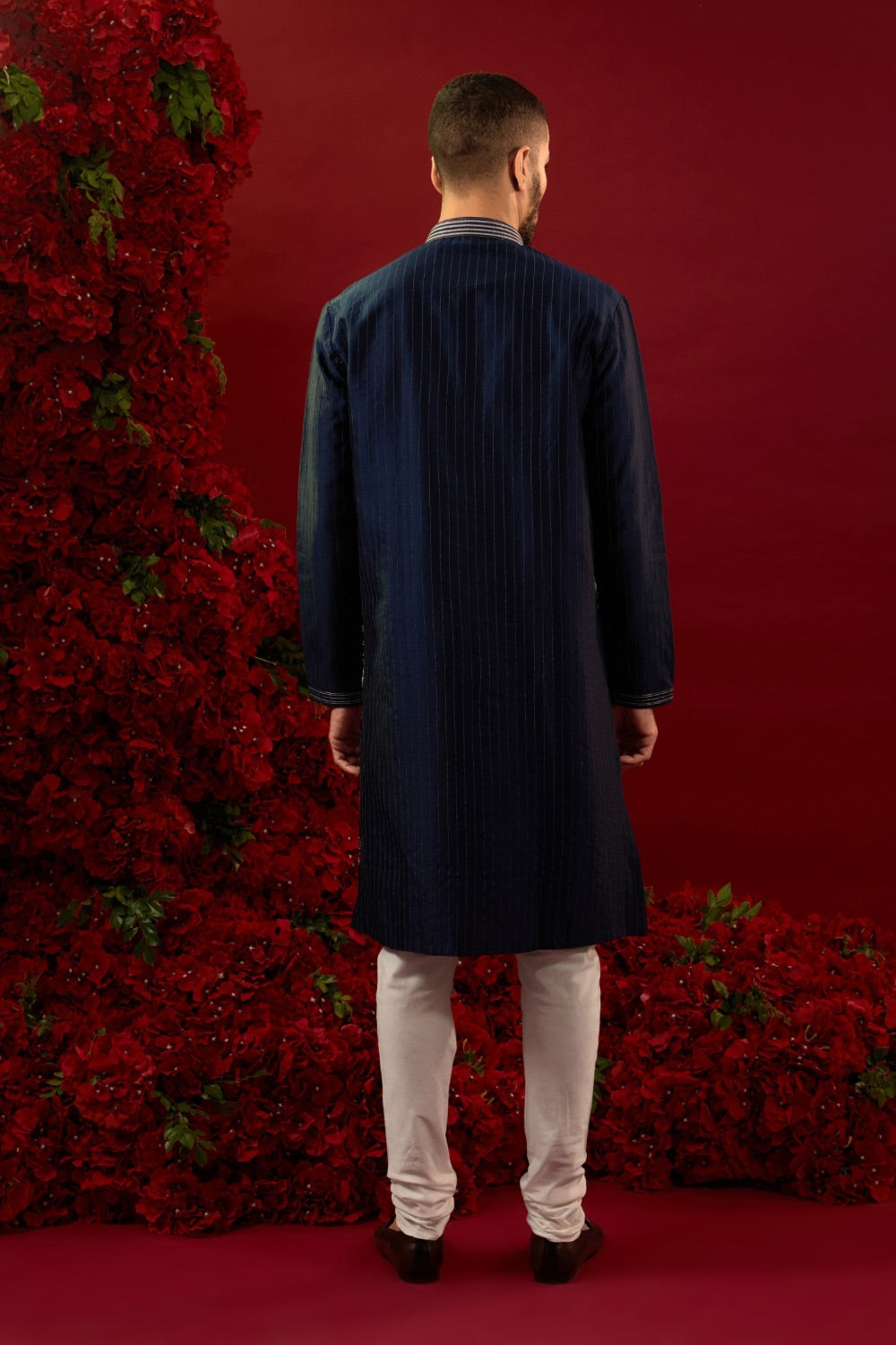 Navy blue silk kurta pajama with machine work