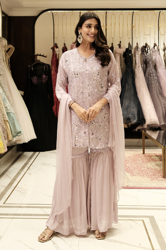 Blush pink siffon georgette salwar suit with mirror and sequins work