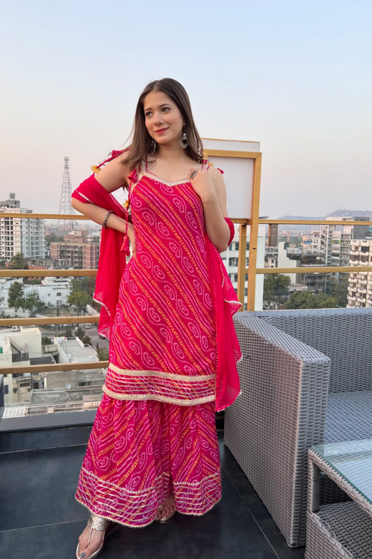 Jannat Pink Chiffon Bandhani Festive Sharara Set