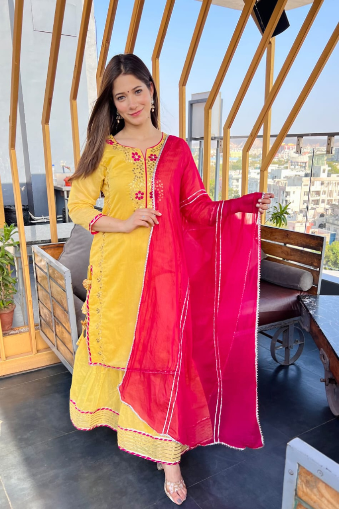 Vayu Yellow Thread Work Chanderi Haldi Sharara Set