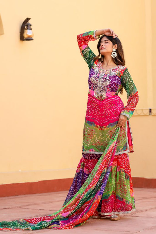 Sahiba Multi Color Chiffon Gota Work Festive Sharara Set