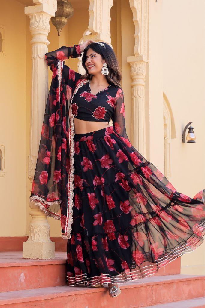 Noor Black Chiffon Floral Print Festive Lehenga Set