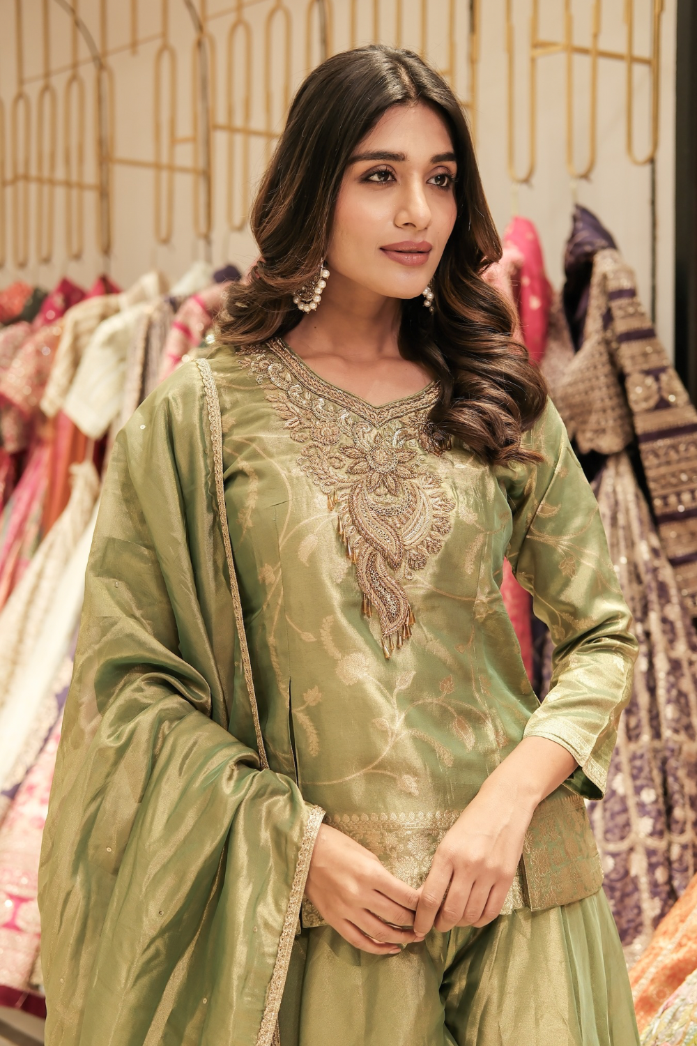 Olive green silk salwar suit with zardozi and sequins work
