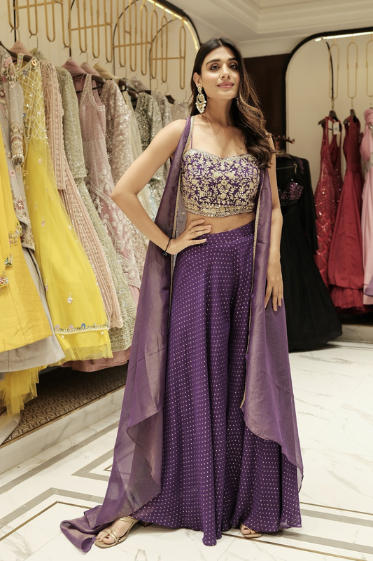 Purple georgette Indo-Western with pitta and sequins work