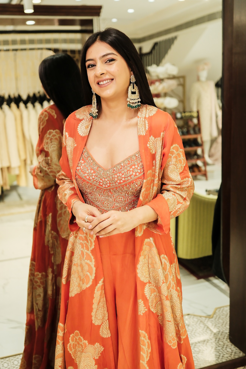 Orange banarasi silk Indo-Western with zardozi and pearl work