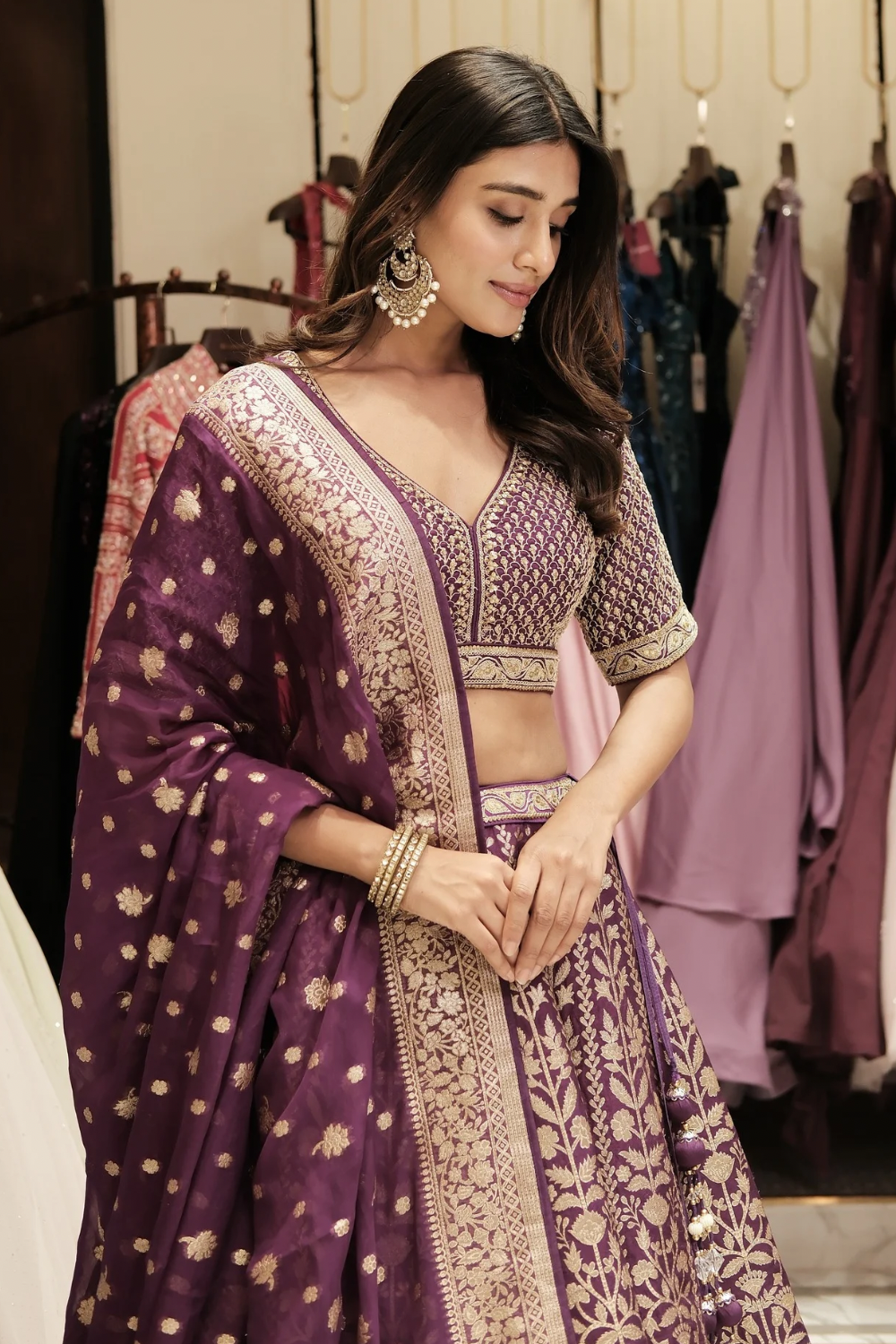 Purple banarasi silk lehenga choli with marori work