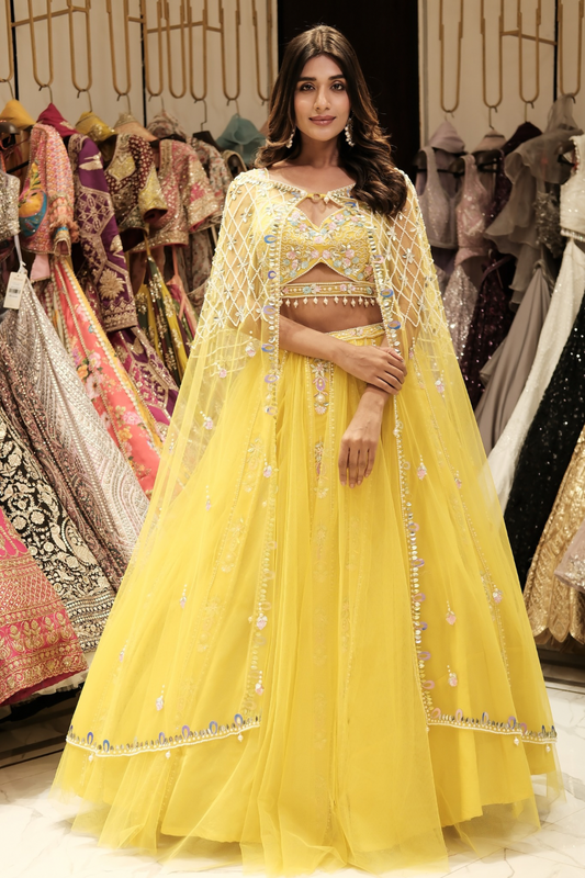 Yellow net lehenga set