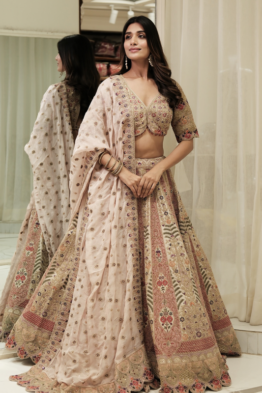 Beige raw silk lehenga choli with resham and pearl work