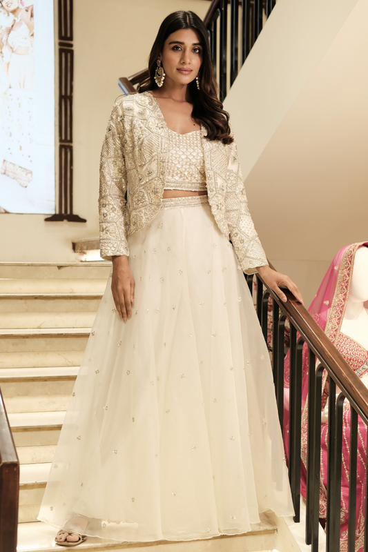 Off-White Indo-Western with hand cut dana and sequins work