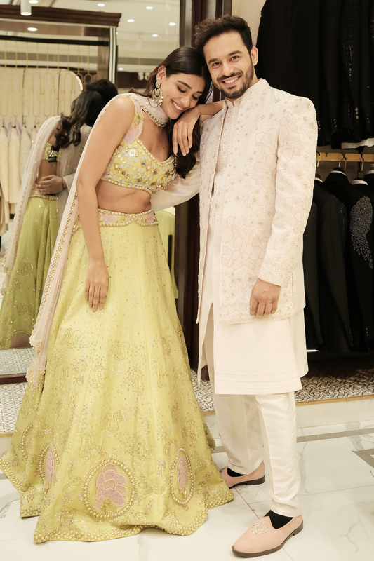 Lime green silk lehenga choli with hand cut dana and peal work