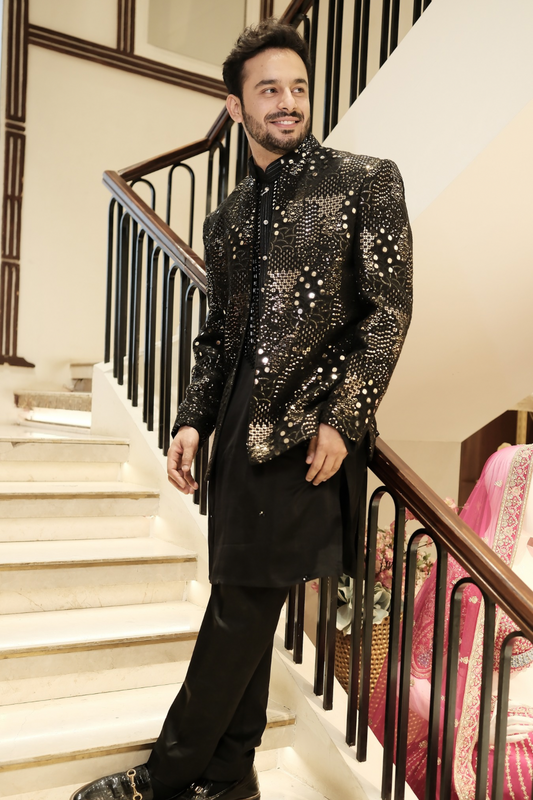 Black silk Indo-Western with foil and sequins work