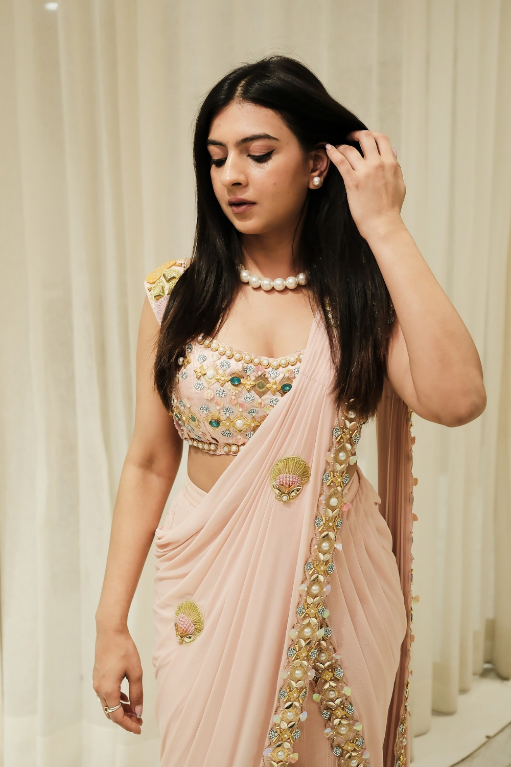 Baby pink georgette ready-to-wear saree