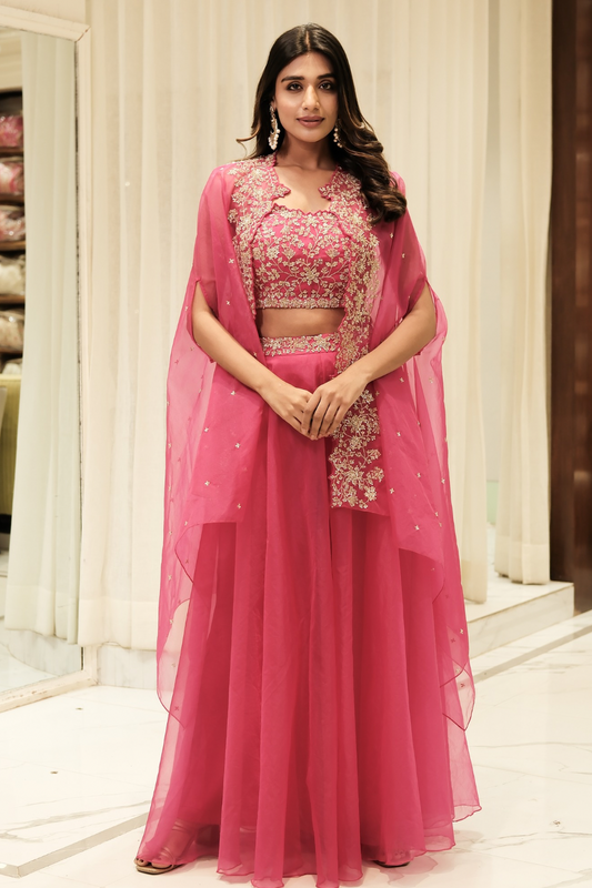 Fuchsia pink organza Indo-Western with aari and hand cut dana work