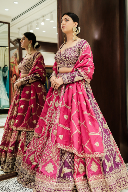 Pink & purple banarasi silk lehenga choli with thread and sequins work