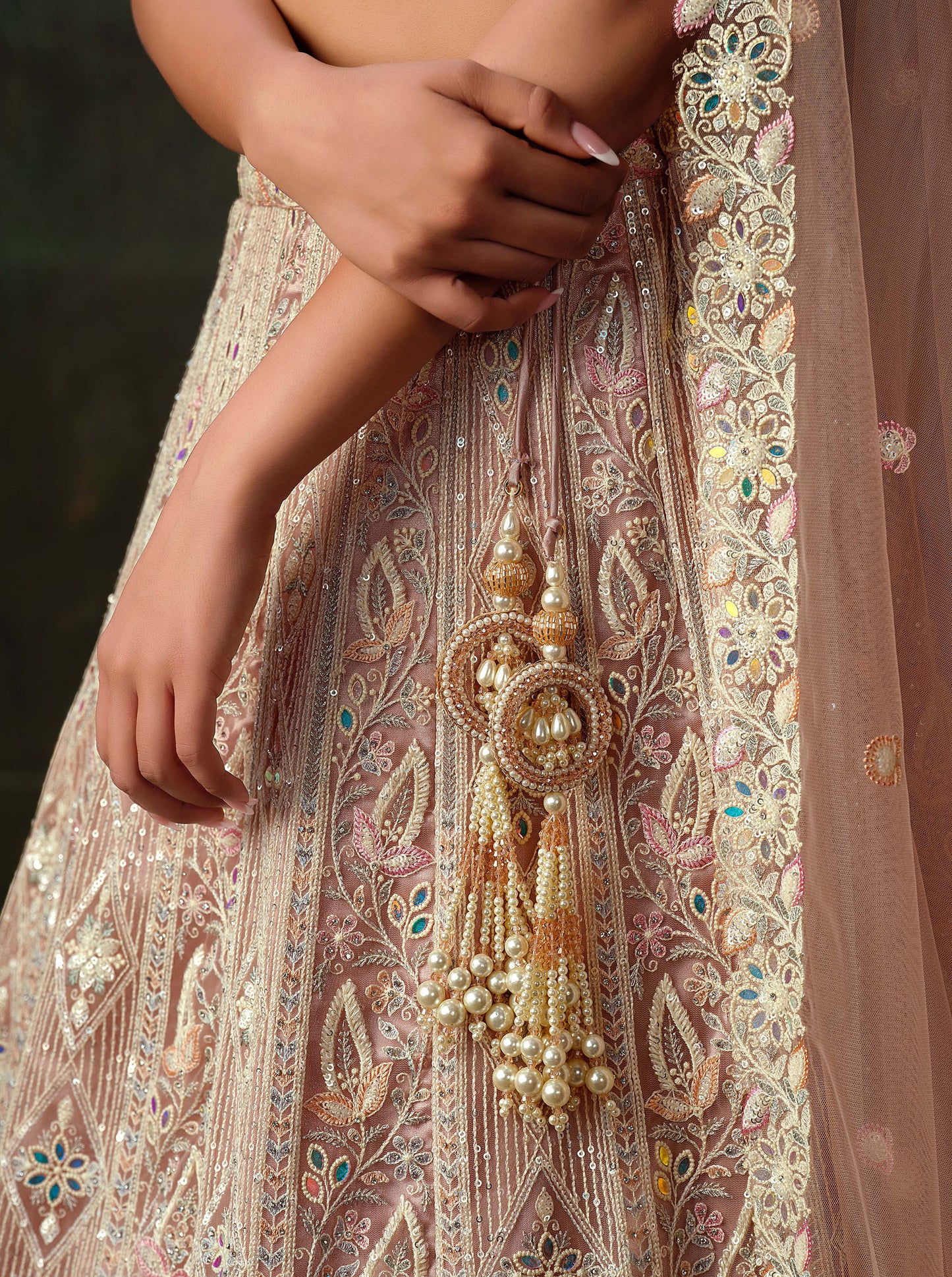 Baby Pink Heavy Hand Work & Cutwork Net Sangeet Lehenga for Bridesmaid