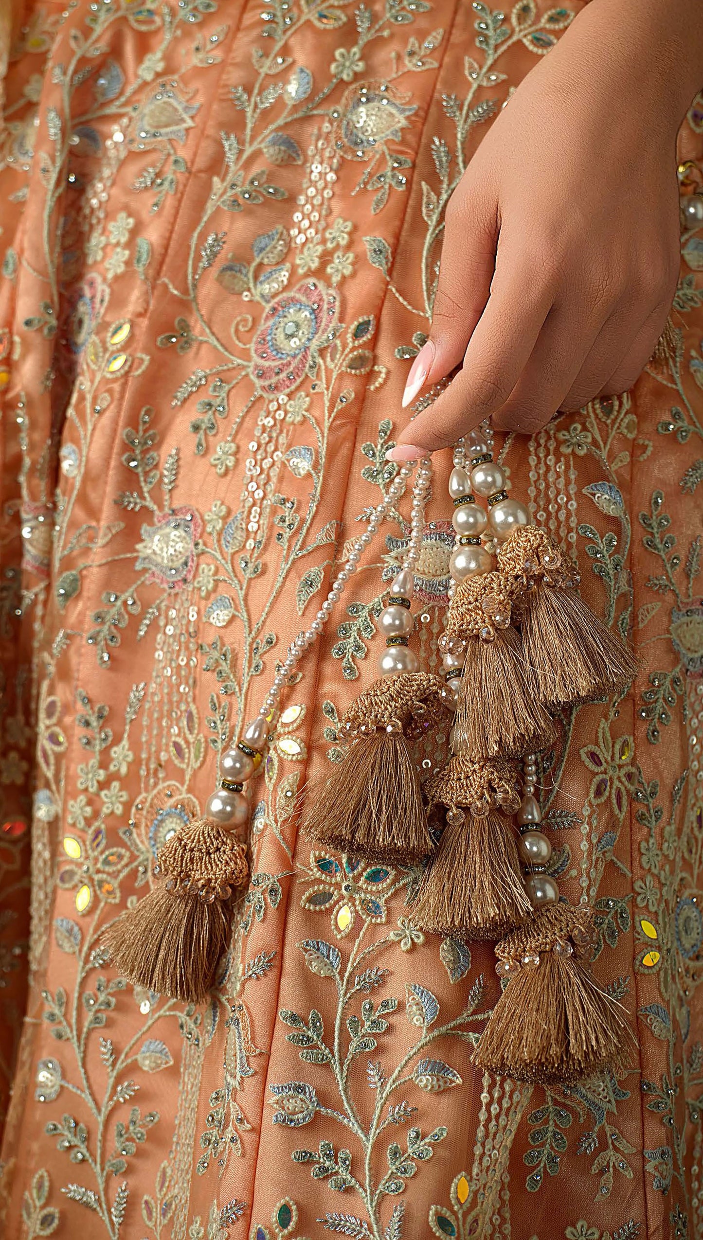 Peach Heavy Hand Work & Cutwork Net Sangeet Lehenga for Bridesmaid