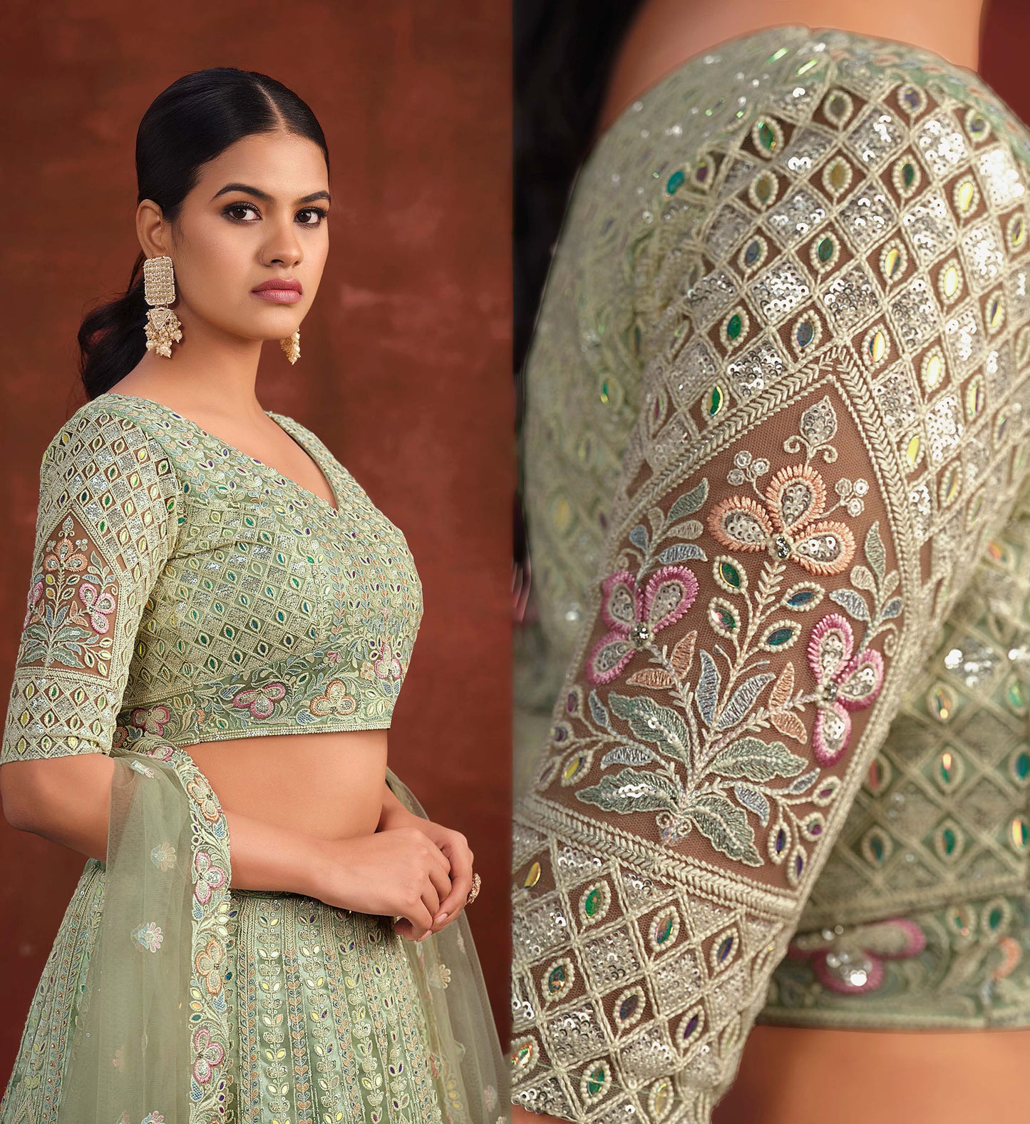 Pista Green Heavy Hand Work & Cutwork Net Mehendi Lehenga