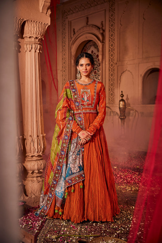 Rust Orange Hand Embroidered Anarkali with heavy Dupatta