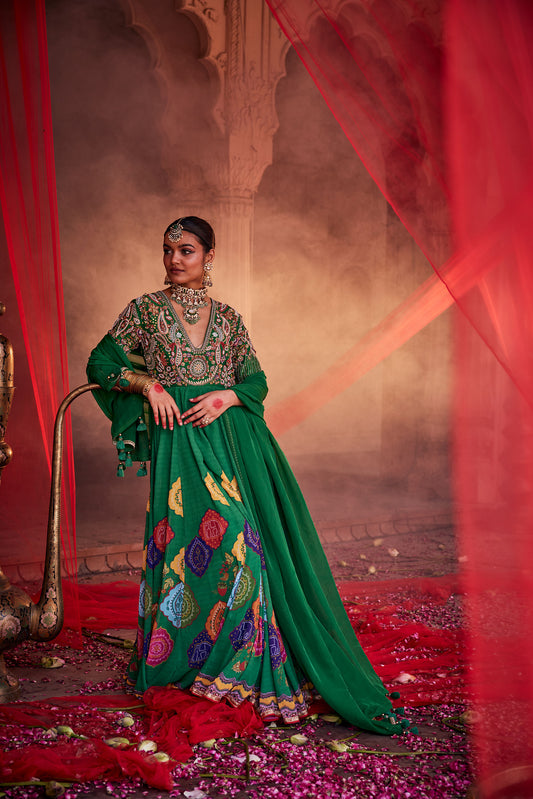 Roop Pine Green Bandhani Anarkali Set