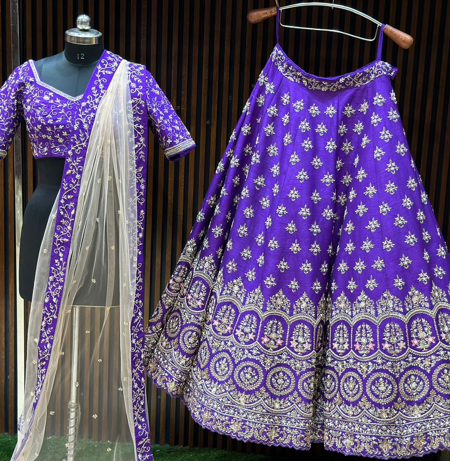 Violet Raw Silk Hand Embroidered Dardozi and pearl Bridal Lehenga