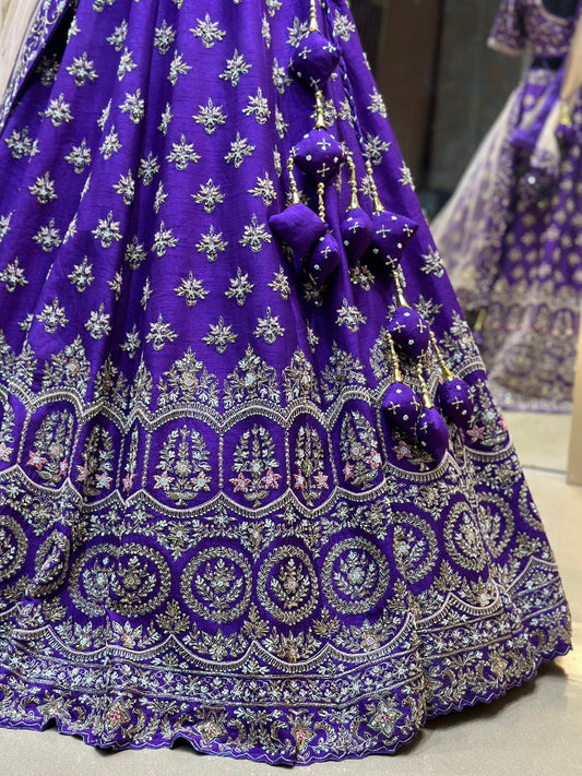Violet Raw Silk Hand Embroidered Dardozi and pearl Bridal Lehenga