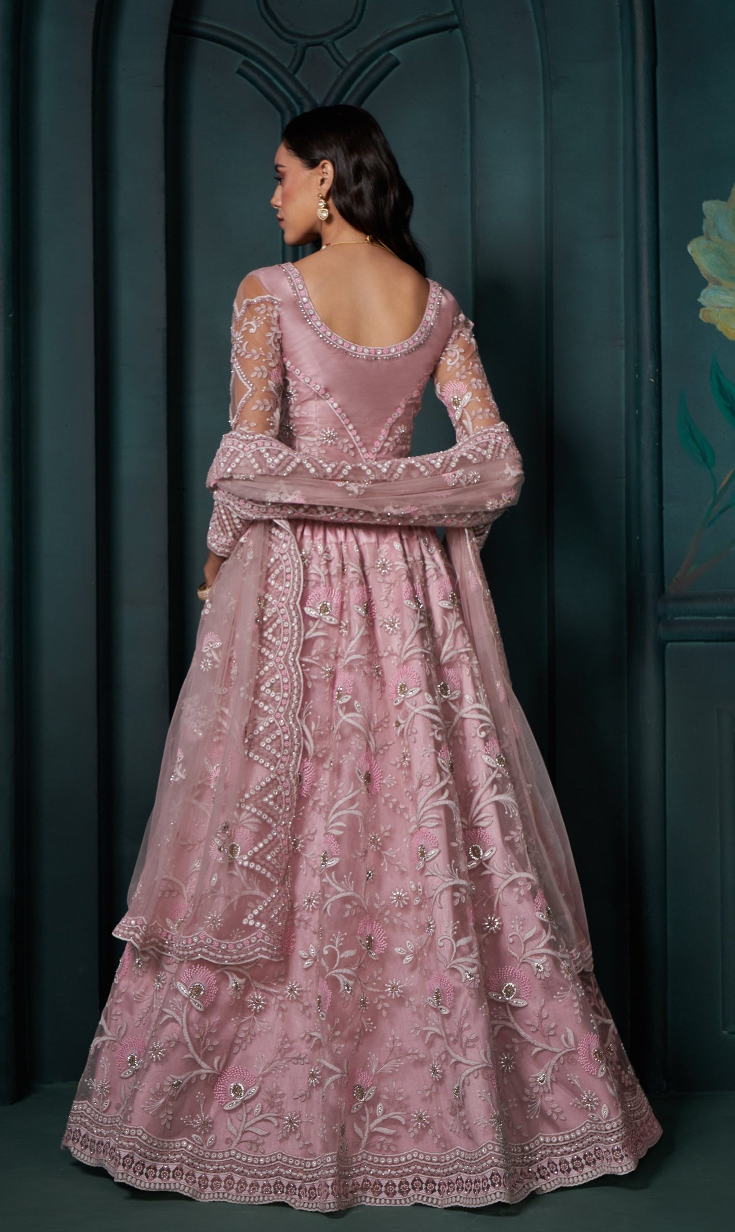 Dusty Pink Sequins & Cording Embroidered Net Sangeet Lehenga